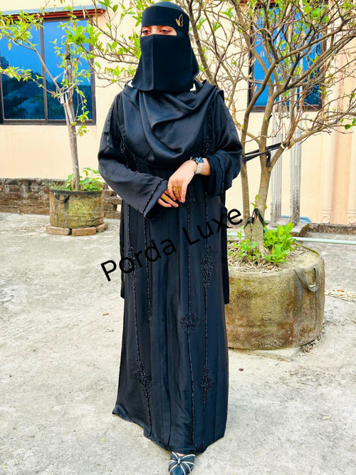 Dubai Karchupi Borka Black With Hijab – Premium Jafran Fabric